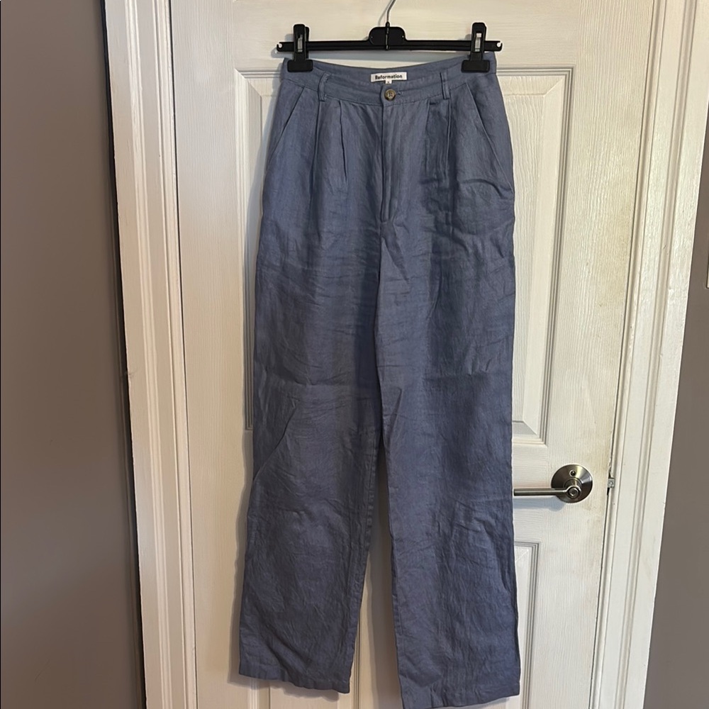 Reformation Blue Wide Leg 100% Linen Pants